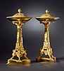 A very fine pair of Empire gilt bronze brûle-parfum, the domed cover chased and pierced with scrolls